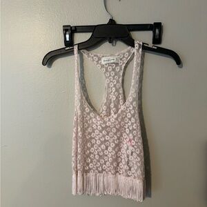 Abercrombie and Fitch Light Pink Flower Lace and Fringe Crop